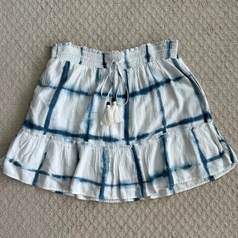 Pilcro/Anthropologie Tie-Dye Linen Blend Mini Skirt Blue Motif XL Boho Beach NWT - Picture 5 of 16